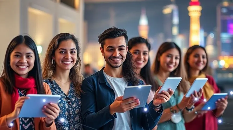 A photorealistic image depicting a diverse group of digital nomads from various backgrounds, connected by glowing lines representing a global network. They are smiling and interacting through virtual screens and subtle physical gestures, set against a backdrop of iconic world landmarks. Cinematic lighting, sharp focus, depth of field, 8K, professional photography.