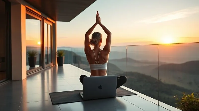 A photorealistic image of a serene digital nomad practicing yoga on a balcony overlooking a stunning natural landscape at sunrise, with a laptop closed beside them. The scene exudes tranquility and balance, emphasizing self-care and mental well-being in a remote work context. Cinematic lighting, sharp focus on the person, depth of field, 8K, professional photography.