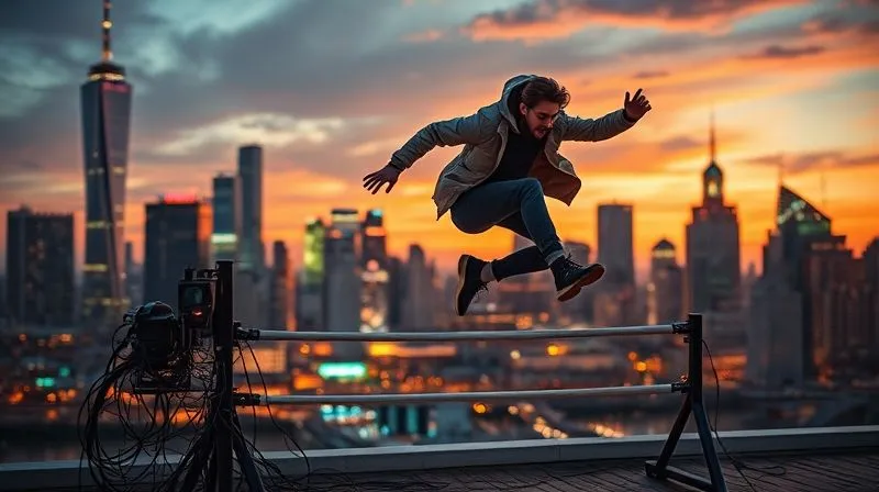 A photorealistic image of a determined digital nomad successfully leaping over a metaphorical hurdle made of tangled wires and old tech gadgets, symbolizing overcoming obstacles in a remote career. The background is a vibrant, modern city skyline at dusk, with cinematic lighting highlighting the sense of achievement. Sharp focus, depth of field, 8K, professional photography.