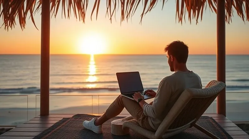 A photorealistic image of a digital nomad with a laptop, sitting comfortably on a beach hut terrace overlooking a calm ocean at sunset, engaged in an online course. The scene emphasizes serenity, freedom, and focused learning, with cinematic lighting and sharp focus on the individual and their screen. Depth of field blurs the background. 8K hyper-detailed, shot on a high-end DSLR.