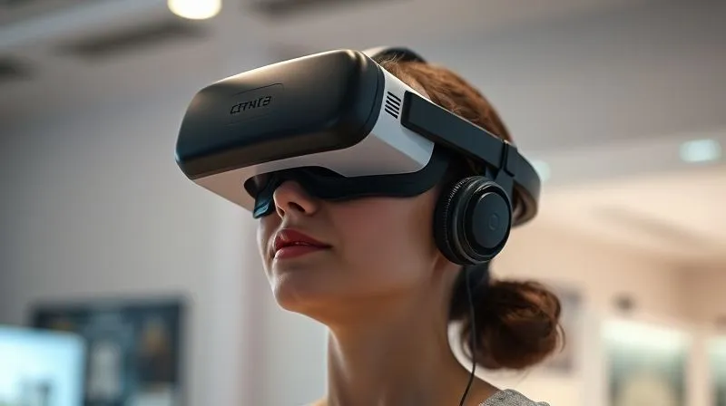 A photorealistic image of a digital nomad wearing a sleek VR headset, immersed in a virtual learning environment. The scene showcases interactive 3D educational content (e.g., a historical landmark or a scientific simulation) visible through the headset's projection. Cinematic lighting, sharp focus on the VR user and the virtual elements. 8K hyper-detailed, shot on a high-end DSLR.