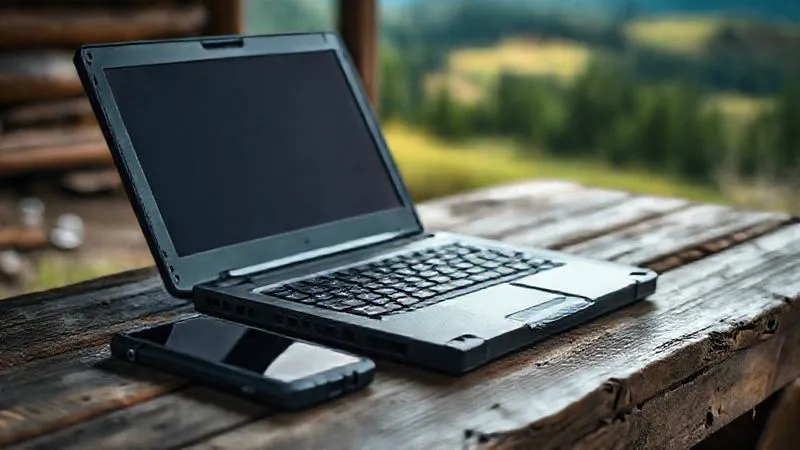A photorealistic, professional photography, 8K, cinematic lighting, sharp focus, depth of field, shot on a high-end DSLR, of a ruggedized laptop (like a Panasonic Toughbook) with visible reinforced corners and a sealed keyboard, placed on a weathered wooden table in a remote, rustic setting. A durable smartphone with a protective case lies beside it. The background shows a blurry but beautiful natural landscape, emphasizing resilience in diverse environments. No text or logos.