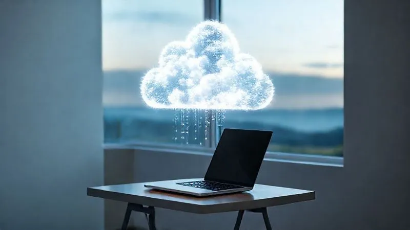 A photorealistic, professional photography, 8K, cinematic lighting, sharp focus, depth of field, shot on a high-end DSLR, of a stylized representation of cloud computing. Digital data streams flow from a laptop into a glowing, ethereal cloud formation, symbolizing secure off-site backup. The laptop is on a small, sturdy table in a minimalist, modern workspace, with a window overlooking a tranquil landscape. The mood is calm and efficient. No text or logos.
