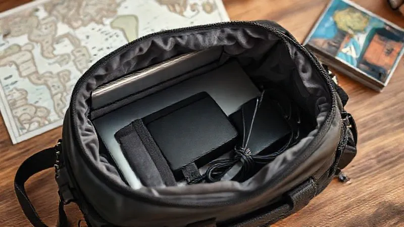 A photorealistic, professional photography, 8K, cinematic lighting, sharp focus, depth of field, shot on a high-end DSLR, of a well-organized and protected tech bag. Inside, a laptop is snugly fitted in a padded sleeve, a rugged external hard drive is in a small hard case, and cables are neatly bundled with velcro ties. The bag is open on a wooden desk, with a map and travel guides in the background, suggesting preparedness for adventure. Soft, warm light illuminates the scene. No text or logos.