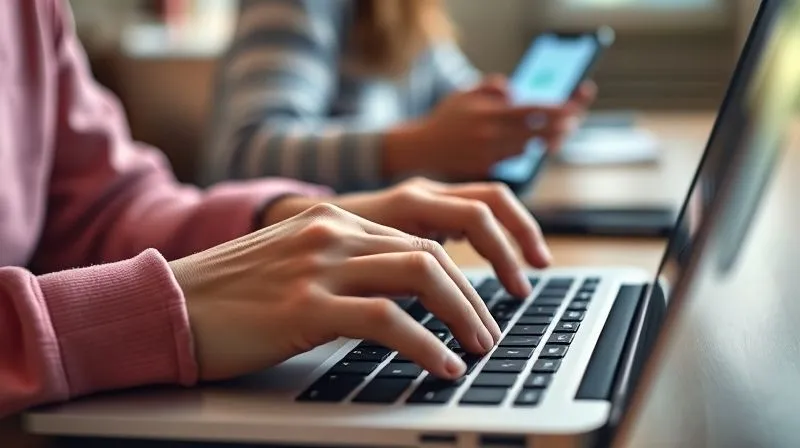 A photorealistic close-up of a student's hands typing on a laptop during an online exam, with a blurred smartphone screen subtly visible in the background showing a chat application, implying potential unauthorized communication. Cinematic lighting, sharp focus on the laptop and hands, depth of field. 8K hyper-detailed, professional photography.