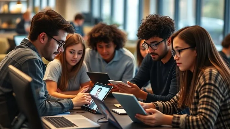 A photorealistic image of a diverse group of students (representing different ages and backgrounds) collaboratively working on a complex digital project on various devices in a modern, well-lit co-working space. The atmosphere is engaged and focused, with subtle hints of remote connection (e.g., video call on one screen). Cinematic lighting, sharp focus on the students and their screens, depth of field. 8K hyper-detailed, professional photography.