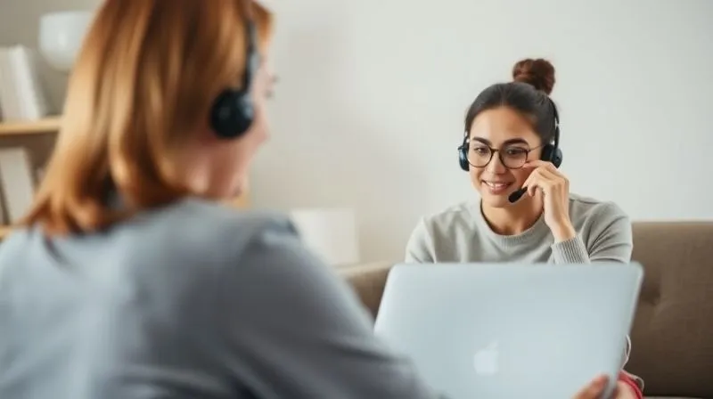A photorealistic image of a friendly, professional tech support agent (seen from the back or side, focusing on their interaction) helping a student (on a laptop, screen visible but blurred) via video call. The student looks slightly stressed but relieved, with a remote location background. Cinematic lighting, sharp focus on the interaction, depth of field. 8K hyper-detailed, professional photography.