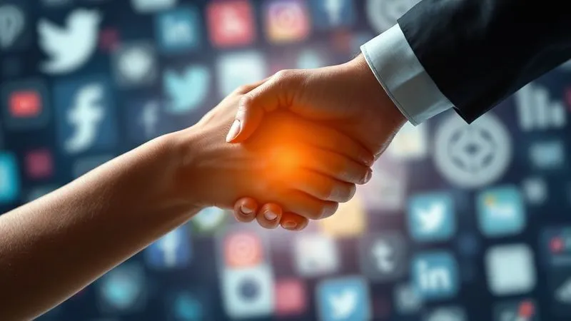 A photorealistic image of two hands shaking, one appearing human and the other a stylized digital representation, with a subtle glow connecting them, symbolizing an authentic digital partnership built on trust. Cinematic lighting, sharp focus on the hands, depth of field blurring a background of blurred social media icons. 8K hyper-detailed, professional photography, shot on a high-end DSLR.
