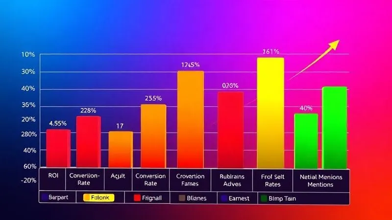 A photorealistic, vibrant bar chart showing a significant increase in ROI metrics (e.g., Conversion Rate, Engagement Rate, Brand Mentions) after implementing a strategy of authentic influencer selection. The chart has clear labels and a professional, data-driven aesthetic. Cinematic lighting, sharp focus, 8K hyper-detailed, professional photography, shot on a high-end DSLR.