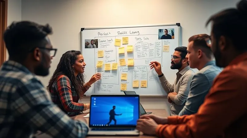 A photorealistic image of a diverse, remote team (various ethnicities, some with nomadic travel backgrounds visible subtly in their environment) collaborating on a digital whiteboard, with video call windows open on their screens. They are actively discussing a project backlog, using sticky notes and diagrams on the virtual board. The atmosphere is focused and collaborative, with cinematic lighting highlighting their engaged faces and a sharp focus on their screens and interaction. Depth of field blurs the background. 8K hyper-detailed, professional photography, shot on a high-end DSLR.