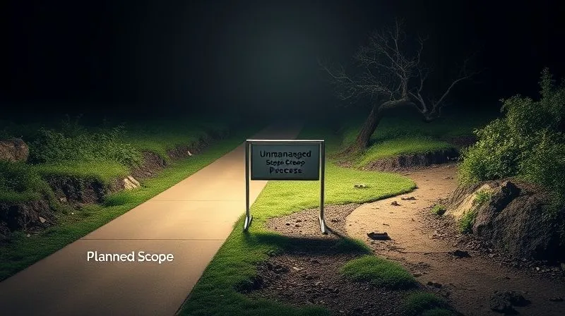 A photorealistic, professional photography, 8K, cinematic lighting shot on a high-end DSLR of a conceptual infographic showing two diverging paths. One path is smooth and straight, labeled 'Planned Scope'. The other path, labeled 'Unmanaged Scope Creep', branches off, becoming jagged, overgrown, and leading to a dead end with broken tools and a frustrated, blurred figure in the distance. A clear, illuminated barrier stands at the divergence point, with a sign 'Change Request Process'. Sharp focus on the barrier and paths, depth of field blurring the background. The image evokes a sense of warning and control.