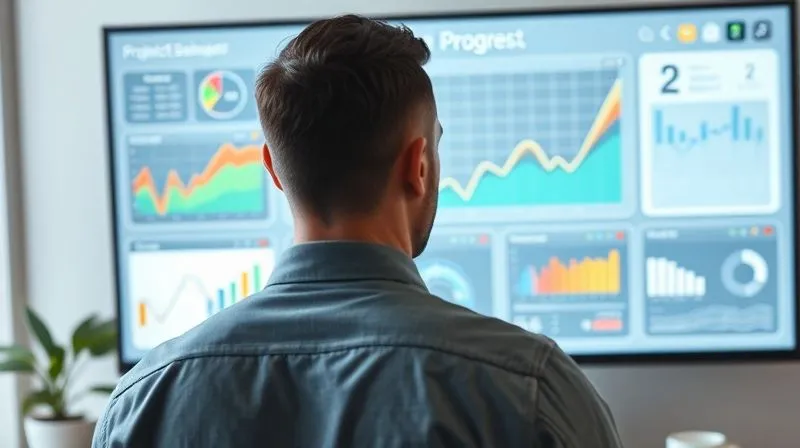 A photorealistic, professional photography, 8K, cinematic lighting shot on a high-end DSLR of a sleek, modern project management dashboard displayed on a large monitor, with various charts and graphs indicating project progress. A prominent burndown chart shows a line trending upwards, hinting at scope creep. A project manager, seen from behind, is looking intently at the screen, with a subtle expression of concern. The workspace is clean, with a plant and a coffee cup, suggesting a focused environment. Sharp focus on the screen, depth of field blurring the background. The image evokes data-driven decision making and early problem detection.