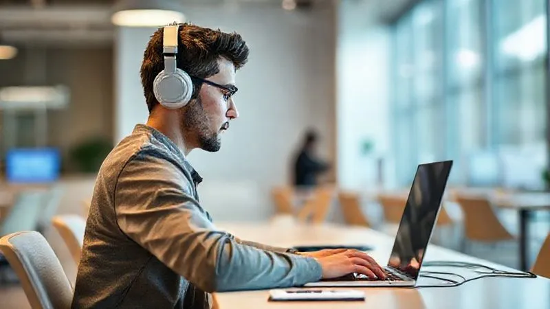 A photorealistic image of a digital nomad sitting at a clean, minimalist desk in a co-working space, wearing noise-canceling headphones, intensely focused on a laptop screen. The background is slightly blurred, showing a modern, well-lit environment. Cinematic lighting, sharp focus on the nomad's face and screen, depth of field, 8K hyper-detailed, professional photography, shot on a high-end DSLR.