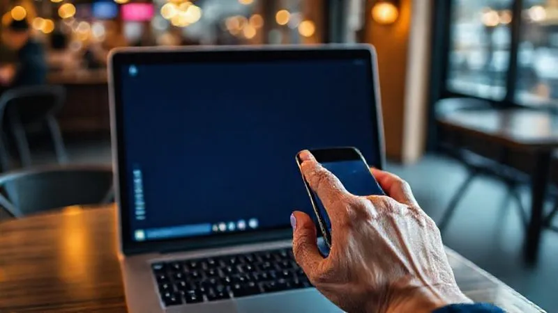 A photorealistic image of a laptop screen displaying a minimalist desktop with only one application open (a word processor), surrounded by a blurred background of a bustling city cafe. A hand is reaching to tap a 'do not disturb' icon on a smartphone. Cinematic lighting, sharp focus on the screen and hand, depth of field, 8K hyper-detailed, professional photography, shot on a high-end DSLR.
