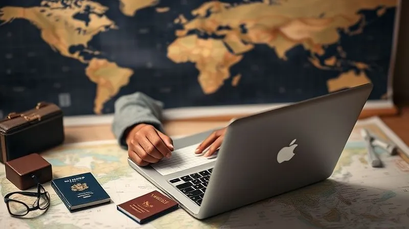 A photorealistic image of a digital nomad meticulously tracking expenses on a laptop, surrounded by travel items like a passport and a world map, with currency symbols subtly integrated into the background. Professional photography, 8K, cinematic lighting, sharp focus, depth of field.