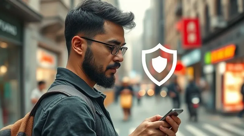 A photorealistic image of a digital nomad looking relieved after checking their phone, with a subtle overlay of a shield icon, symbolizing financial protection. The background shows a bustling but safe-looking street in a foreign city. Professional photography, 8K, cinematic lighting, sharp focus, depth of field.