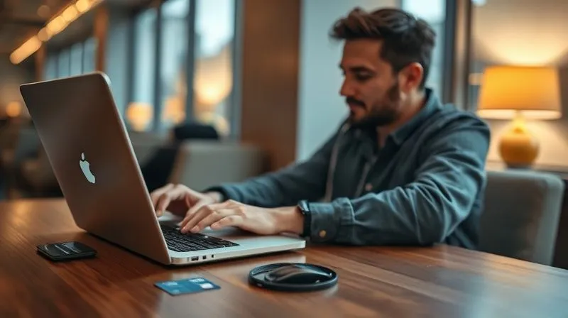 A photorealistic image of a digital nomad calmly assessing a situation on their laptop, perhaps a flight delay or an unexpected expense, with a backup credit card visible on the table. The scene conveys preparedness and resilience. Professional photography, 8K, cinematic lighting, sharp focus, depth of field.