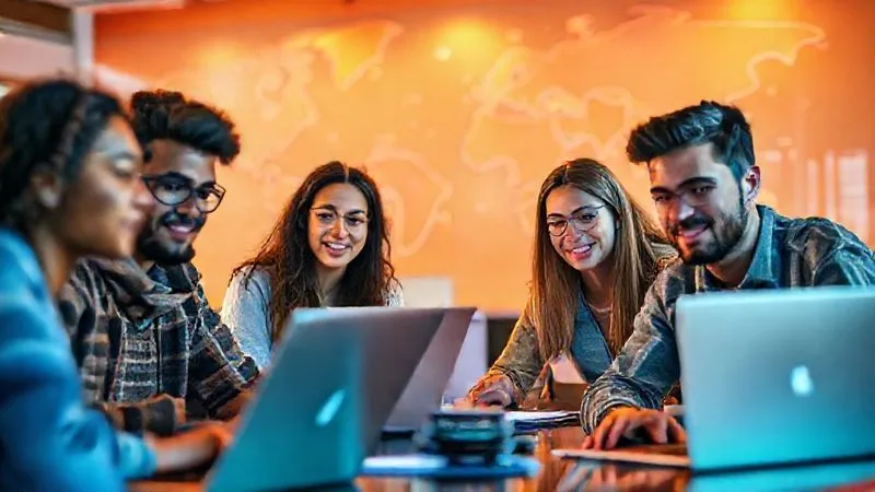 A photorealistic image of a diverse group of young, digital nomads working on laptops in a vibrant co-working space, with a map of the world subtly in the background. Cinematic lighting, sharp focus on their faces and screens, depth of field, 8K hyper-detailed, professional photography.