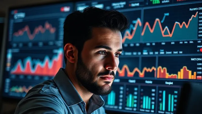 A photorealistic image of a data analyst intently examining a complex dashboard filled with YouTube Ads metrics: CTR, CVR, CPA, and conversion graphs, all trending positively. Cinematic lighting, sharp focus on the screen and the analyst's focused expression, depth of field, 8K hyper-detailed, professional photography.