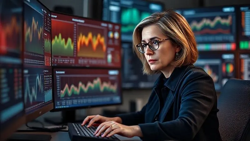A photorealistic image of a seasoned digital marketer, a woman in her late 40s, looking thoughtfully at a multi-screen setup displaying complex analytics, with a determined yet calm expression. Her hands are resting on a keyboard, ready to make adjustments. Cinematic lighting, sharp focus on her face and the screens, depth of field, 8K hyper-detailed, professional photography.