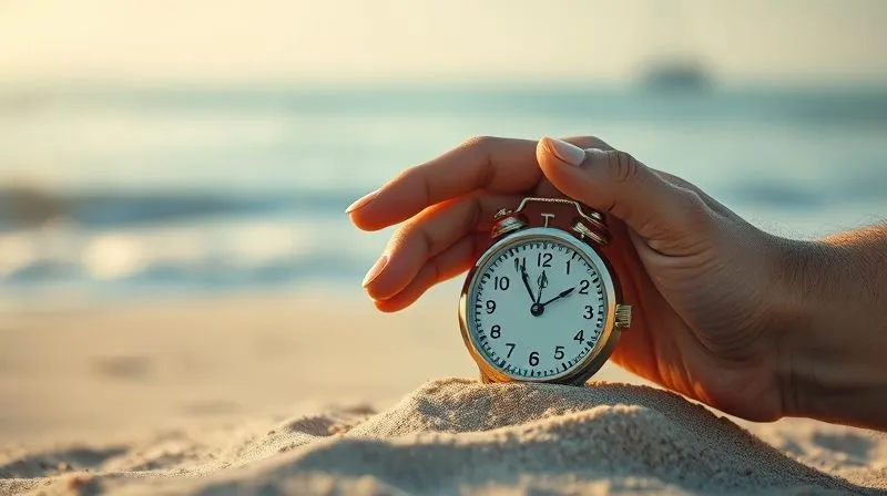 A photorealistic, professional photography shot of a digital nomad's hand trying to grasp a fleeting clock made of sand, representing the struggle with time management amidst the allure of travel destinations. The background shows a blurred but inviting beach scene. Cinematic lighting, sharp focus on the hand and sand-clock, depth of field. 8K hyper-detailed, shot on a high-end DSLR, conveying a sense of losing control over time.