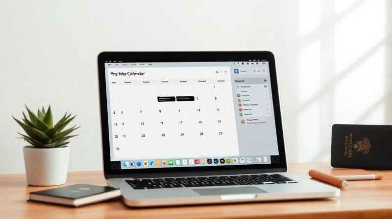 A photorealistic, professional photography shot of a clean, minimalist workspace with a laptop displaying a well-organized digital calendar and a task management app open. A passport and a small plant are subtly placed. The scene is bathed in soft, natural light, conveying a sense of calm efficiency and control. Sharp focus on the screen, depth of field. 8K hyper-detailed, shot on a high-end DSLR.