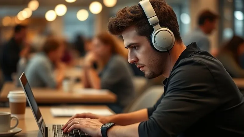 A photorealistic image of a digital nomad wearing noise-canceling headphones, deeply focused on a laptop screen in a bustling but aesthetically pleasing co-working space. The background elements (other people, coffee cups) are subtly blurred, emphasizing the nomad's intense concentration. Cinematic lighting, sharp focus on the nomad and laptop, depth of field. 8K hyper-detailed, shot on a high-end DSLR, conveying a sense of productive isolation amidst activity.