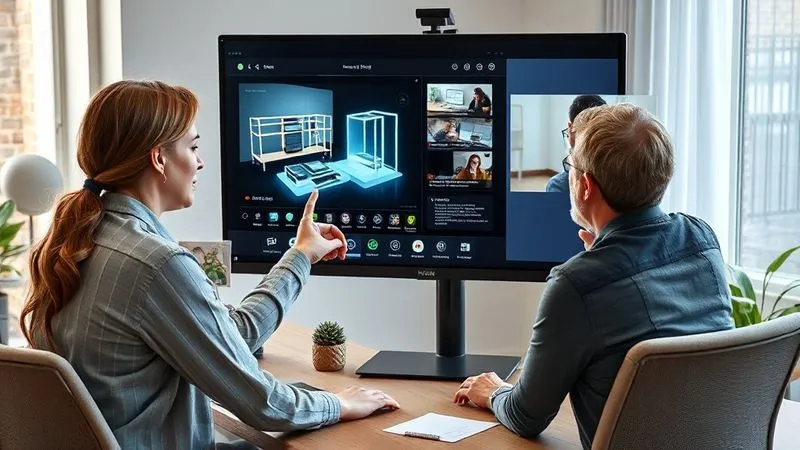 A photorealistic image of a professional designer presenting a digital design concept on a large monitor to a remote client via video call. The designer is pointing to specific elements on the screen, while the client on the video call appears engaged and understanding. Soft, natural light illuminates the scene, capturing the collaborative atmosphere. 8K hyper-detailed, professional photography, shot on a high-end DSLR.