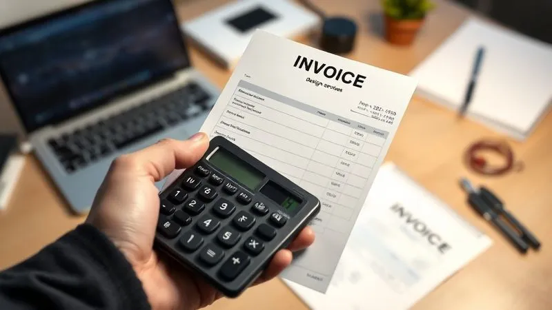 A photorealistic image of a hand holding a calculator showing a clear, professional invoice with line items for design services and "additional revisions" clearly marked. The background is a blurred office desk with a laptop and design tools, suggesting professionalism and financial clarity. Cinematic lighting, sharp focus on the calculator and invoice, depth of field, 8K hyper-detailed, professional photography, shot on a high-end DSLR.