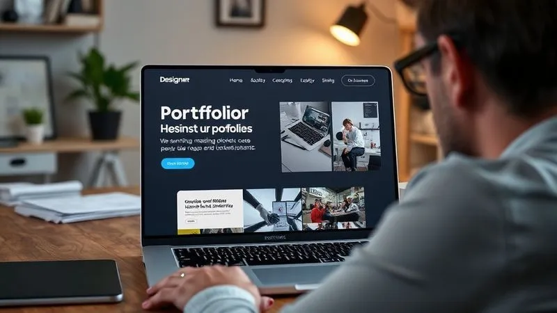 A photorealistic, highly detailed image of a designer's portfolio website displayed on a sleek, modern laptop, showcasing stunning design projects with clear case studies and client testimonials. The screen glows subtly, reflecting in the designer's focused eyes (partially visible). The background is a minimalist, professional home office. 8K hyper-detailed, professional photography, shot on a high-end DSLR.