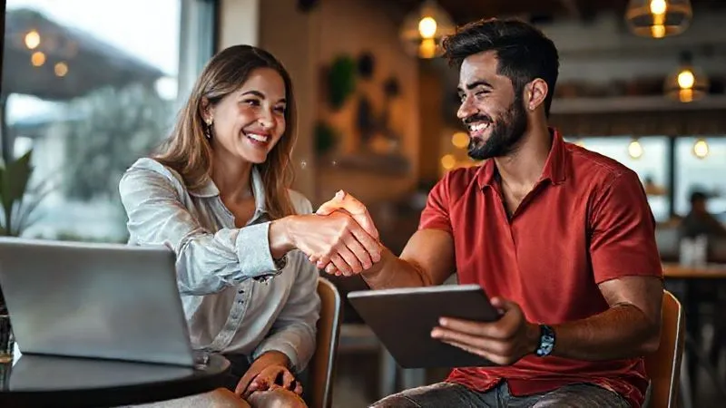 A photorealistic image of two diverse digital nomads, one a woman with a laptop in a cafe, another a man on a beach with a tablet, shaking hands virtually through a glowing holographic projection. They are smiling, symbolizing agreement and a shared vision. Professional photography, 8K, cinematic lighting, sharp focus on their faces and hands, depth of field blurring their respective backgrounds, shot on a high-end DSLR.