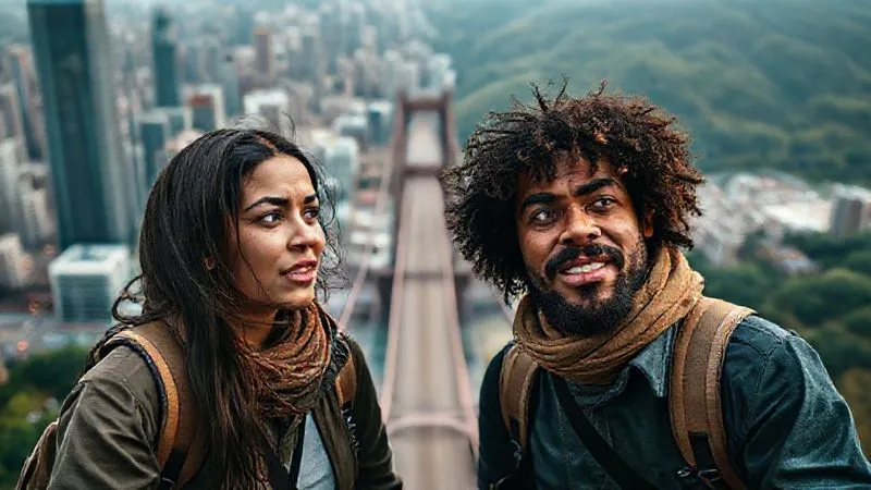 A photorealistic image of two digital nomads, one in a bustling city and another in a serene natural landscape, engaged in an intense but respectful video call. A visual metaphor of a bridge being built between them, symbolizing conflict resolution and understanding. Professional photography, 8K, cinematic lighting, sharp focus on their expressions, depth of field blurring their backgrounds, shot on a high-end DSLR.