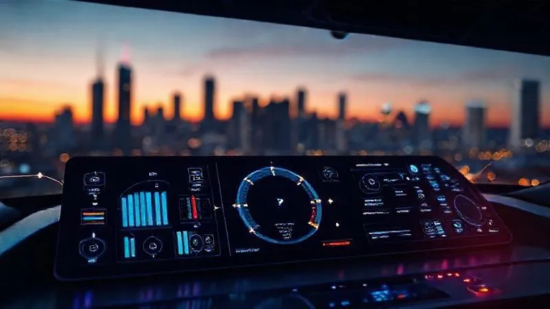 A photorealistic image of a sleek, modern digital dashboard displaying various connected tools and applications (e.g., communication, project management, file sharing) with glowing lines illustrating seamless data flow and automation. The background is a blurred cityscape at sunset, symbolizing global connectivity. Professional photography, 8K, cinematic lighting, sharp focus on the dashboard, depth of field, shot on a high-end DSLR.