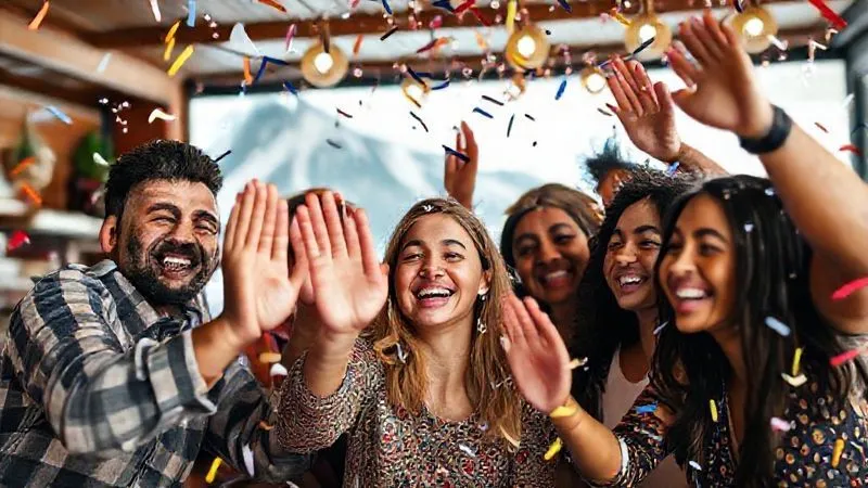 A photorealistic image of a diverse group of digital nomads, celebrating a project milestone with virtual high-fives and smiles on a video call, each in a unique global location (e.g., a mountain cabin, a bustling cafe, a serene beach). Confetti is virtually falling around them. Professional photography, 8K, cinematic lighting, sharp focus on their joyful expressions, depth of field blurring the background, shot on a high-end DSLR.