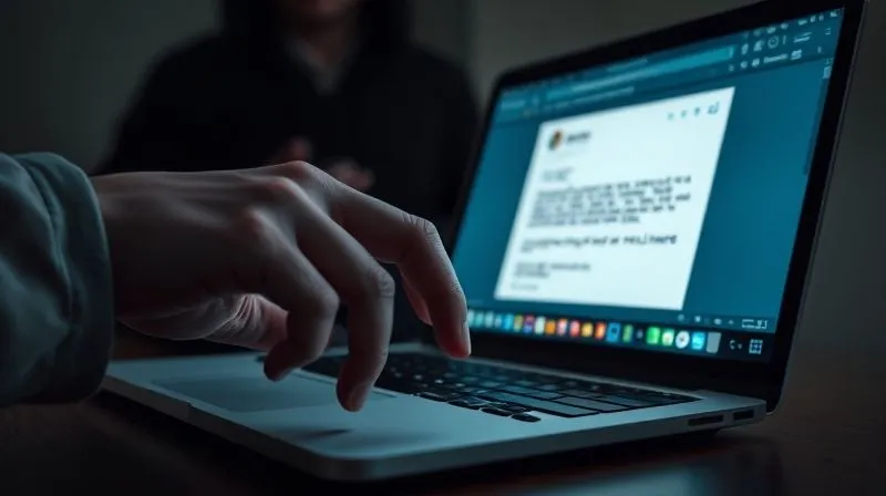 A photorealistic image of a person's hand hovering over a mouse, looking suspiciously at a laptop screen displaying a deceptive email with a malicious link, while a shadowy figure watches from behind. Cinematic lighting, sharp focus on the hand and screen, depth of field blurring the background, 8K hyper-detailed, professional photography, conveying suspicion and caution.