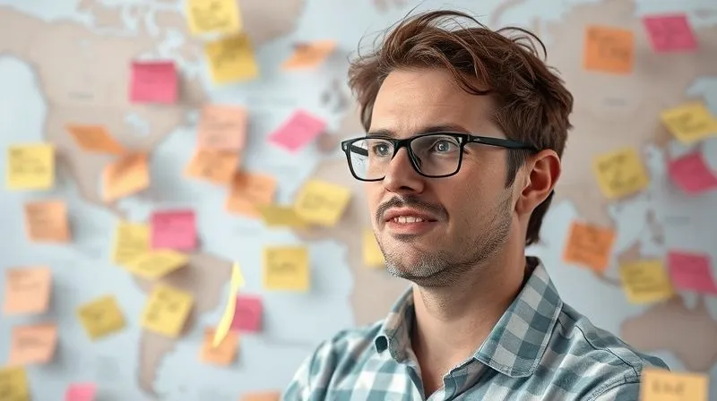 A photorealistic image of a digital project manager, looking slightly overwhelmed but determined, surrounded by a swirling vortex of sticky notes with different tasks and features, some clearly outside the main project board. The background shows a blurred open-world map, emphasizing the nomadic team aspect. Cinematic lighting, sharp focus on the manager, 8K hyper-detailed.