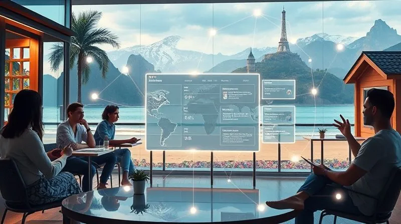 A photorealistic image of a diverse group of digital nomads, each in a different iconic global location (e.g., a cafe in Paris, a beach in Thailand, a mountain cabin), all connected via glowing lines to a central, holographic project dashboard. The dashboard shows clear tasks and a defined project timeline. Cinematic lighting, sharp focus on the dashboard and connection lines, 8K hyper-detailed.