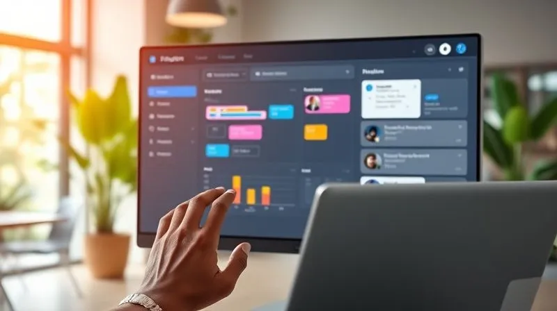 A photorealistic image of a sleek, modern dashboard on a large monitor, displaying various project management tools integrated: a Kanban board, a Burndown chart, a communication feed, and a shared document editor. The screen is being viewed by a pair of hands (diverse skin tones) holding a laptop, with a blurred background of a vibrant co-working space in a tropical location. Cinematic lighting, sharp focus on the dashboard, 8K hyper-detailed.