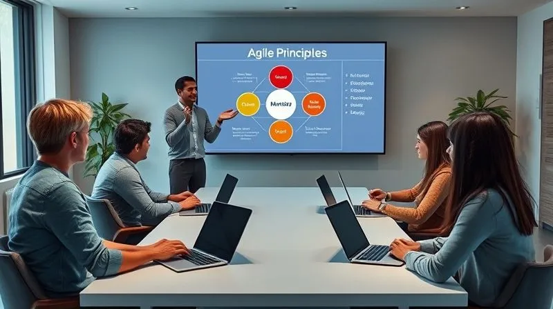 A photorealistic image of a diverse group of people (representing digital nomads) sitting around a virtual table, engaged in an online learning session. A mentor figure (expert, confident, and approachable) is presenting on a large screen within the virtual space, showing a diagram of agile principles. The individual nomads are in different, comfortable remote settings, each with a laptop, reflecting a global learning environment. Cinematic lighting, sharp focus on the mentor and virtual setup, 8K hyper-detailed.