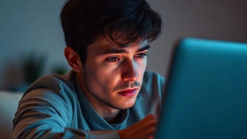 Photorealistic image of a person staring blankly at a laptop screen in a beautiful but isolated setting, with subtle signs of exhaustion and stress. Cinematic lighting, 8K, sharp focus.