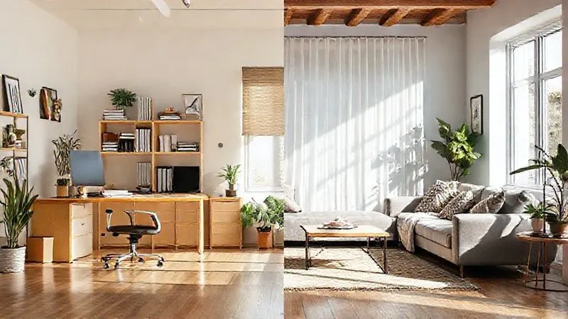 A split photorealistic image: one side shows a clean, organized workspace with natural light, the other side shows a cozy, relaxing lounge area, symbolizing clear separation between work and rest. 8K, professional photography.