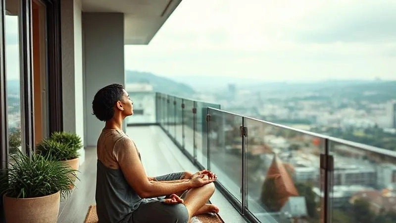 Photorealistic image of a digital nomad meditating peacefully on a balcony overlooking a city or nature, with a calm and focused expression. Soft, natural lighting, 8K, professional photography.