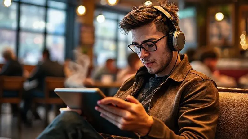 A photorealistic image of a digital nomad (gender-neutral) intensely focused on a tablet, wearing noise-canceling headphones, sitting comfortably in a vibrant, bustling cafe. A small, steaming cup of coffee is beside them. The background is slightly blurred with cinematic lighting, highlighting the individual's concentration amidst the activity. Shot on a high-end DSLR, 8K hyper-detailed.