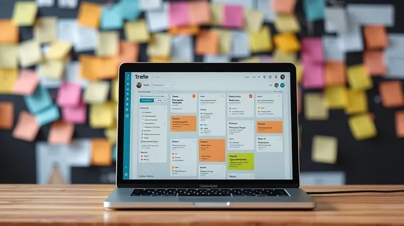 A photorealistic image of a single, well-organized Trello board on a laptop screen, with clearly defined lists and color-coded cards, set against a blurred background of multiple, chaotic, overlapping digital boards and sticky notes, emphasizing clarity over clutter. Cinematic lighting, 8K, professional photography, depth of field, sharp focus on the organized board.