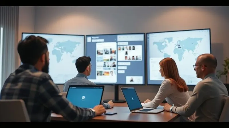 A photorealistic image of a remote team collaborating efficiently on a Trello board visible on multiple screens. The atmosphere is calm and focused, with a global map subtly in the background, representing nomadic work. Cinematic lighting, 8K, professional photography, depth of field, sharp focus on the collaborative screens.