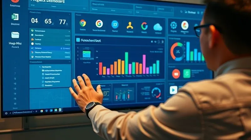 A photorealistic image of a person calmly navigating a complex digital dashboard on a large screen, surrounded by various integrated application icons (like Slack, Google Drive, Trello, Asana), representing seamless project management and connectivity. Cinematic lighting, 8K, professional photography, depth of field, sharp focus on the central dashboard.