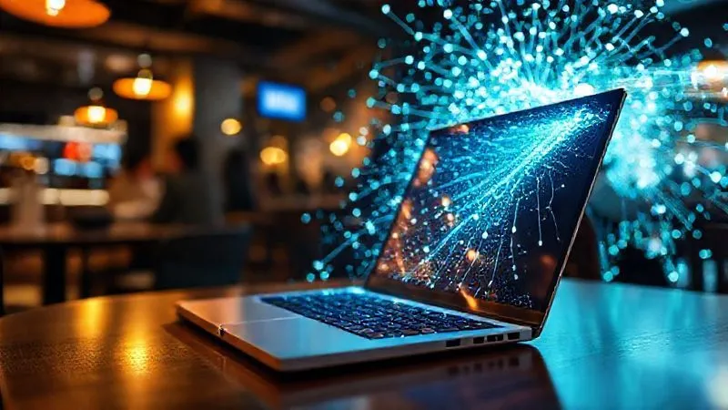 A photorealistic image of a glowing, ethereal tunnel of light extending from a laptop screen into a complex network of digital nodes, symbolizing a secure VPN connection over a public Wi-Fi. The laptop is on a cafe table, with a blurred background of people, cinematic lighting, sharp focus on the tunnel and laptop, depth of field, 8K hyper-detailed, professional photography, shot on a high-end DSLR.