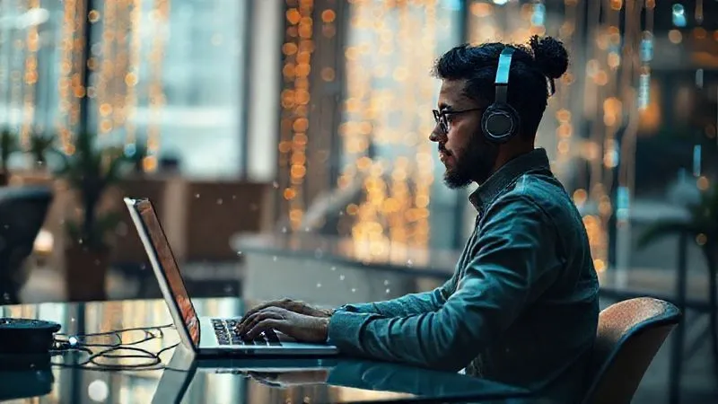 A photorealistic image of a digital nomad working on a laptop in a serene, modern co-working space, surrounded by a subtle, protective aura of glowing data streams. The nomad is focused and calm, with cinematic lighting, sharp focus on the person and laptop, depth of field, 8K hyper-detailed, professional photography, shot on a high-end DSLR.
