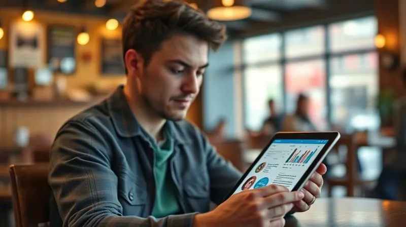 A photorealistic image of a digital nomad sitting in a cafe, looking thoughtfully at a tablet displaying a well-organized digital portfolio with charts, project thumbnails, and text entries, representing a learning journey. Cinematic lighting, sharp focus on the tablet and the person's expression, depth of field. Professional photography, 8K.