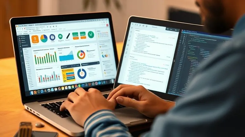 A photorealistic image of a digital nomad using various digital tools on a laptop and tablet, possibly split-screen, showing charts, task lists, and coding interfaces, all contributing to a structured learning and self-assessment process. Professional photography, 8K, cinematic lighting, sharp focus on the screens and the user's hands, depth of field.